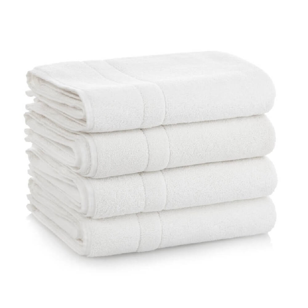A neatly folded, plush white bath towel with a subtle dobby border, shown on a clean, simple background.