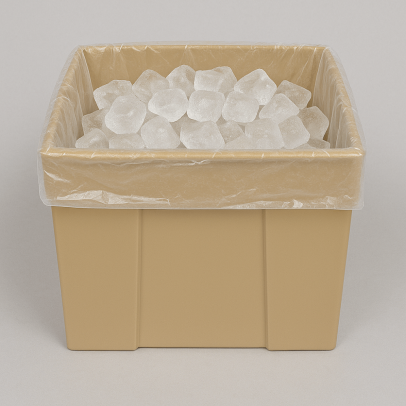 Clear polythene liner inside an ice bucket filled with ice cubes