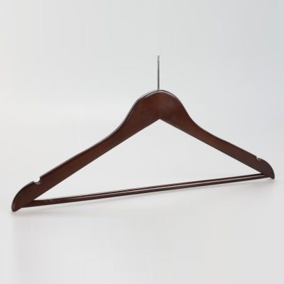 Angled view of mahogany men’s wooden hotel hanger with ball top