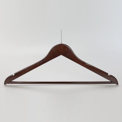 Front view of men’s mahogany hotel hanger with notches