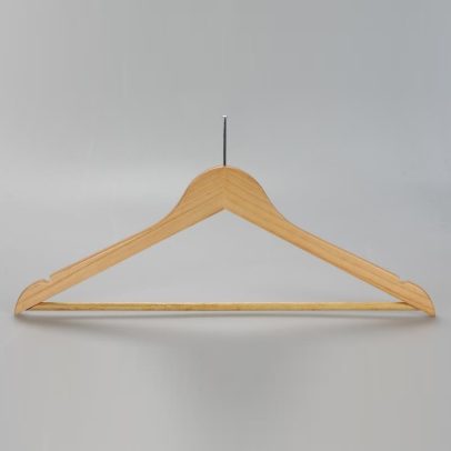Front view of natural finish men’s hanger with chrome ball hook