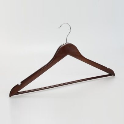 Angled view of mahogany hotel hanger for men with open hook