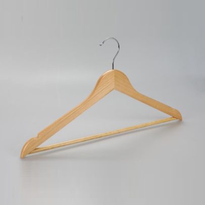 Angle view of hotel men’s hanger in natural finish with open hook
