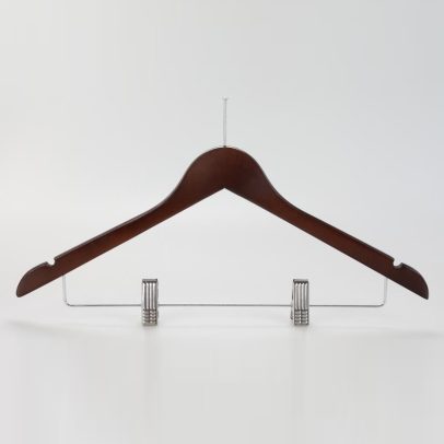 Front view of mahogany women’s hanger with metal clips and notches