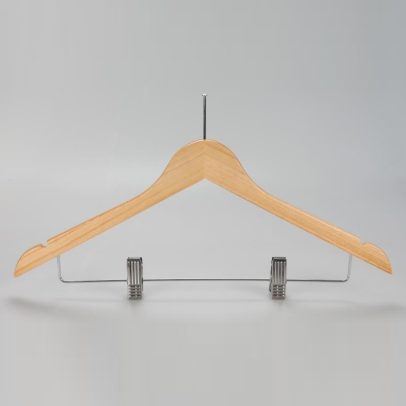 Natural finish front view of women’s hanger with clips and hook