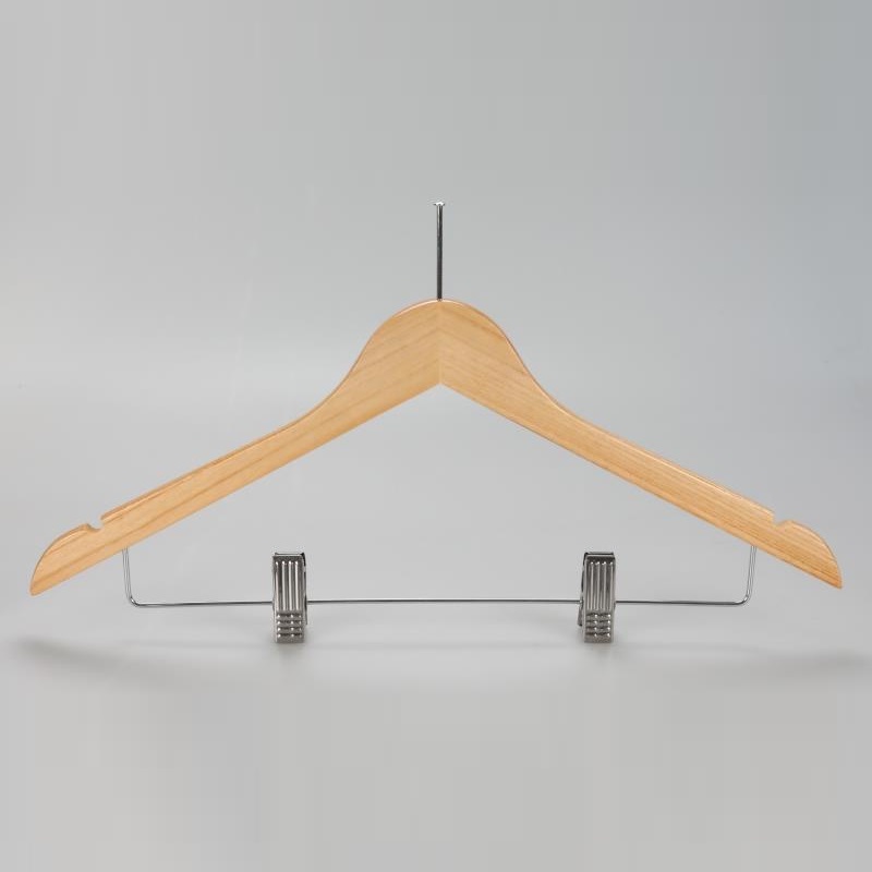 Natural finish front view of women’s hanger with clips and hook