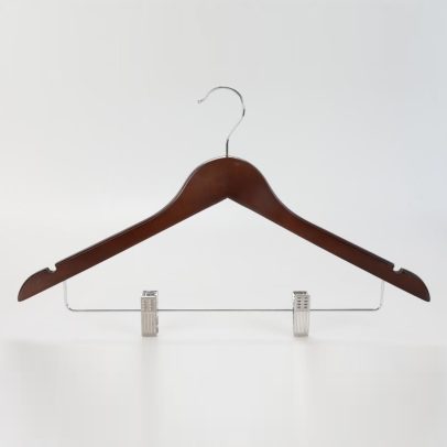 Front view of mahogany women’s hanger with skirt clips