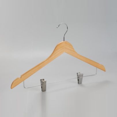 Angled view of natural wood women’s hanger with open hook and clips