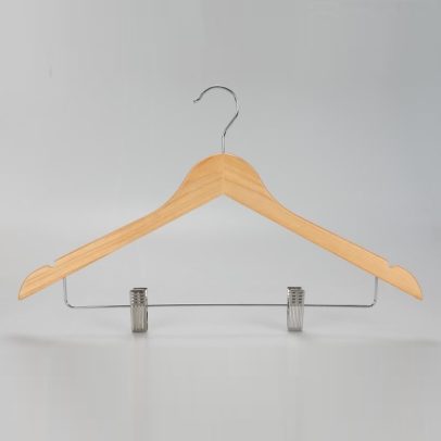 Front view of women’s hanger in natural finish with skirt clips