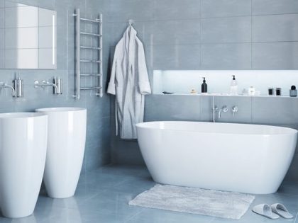 Slip-resistant bath mat on hotel bathroom floor