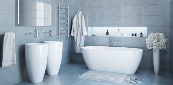 Slip-resistant bath mat on hotel bathroom floor