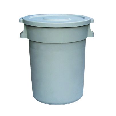 Circular 32-gallon garbage can with dome lid, heavy-duty plastic construction