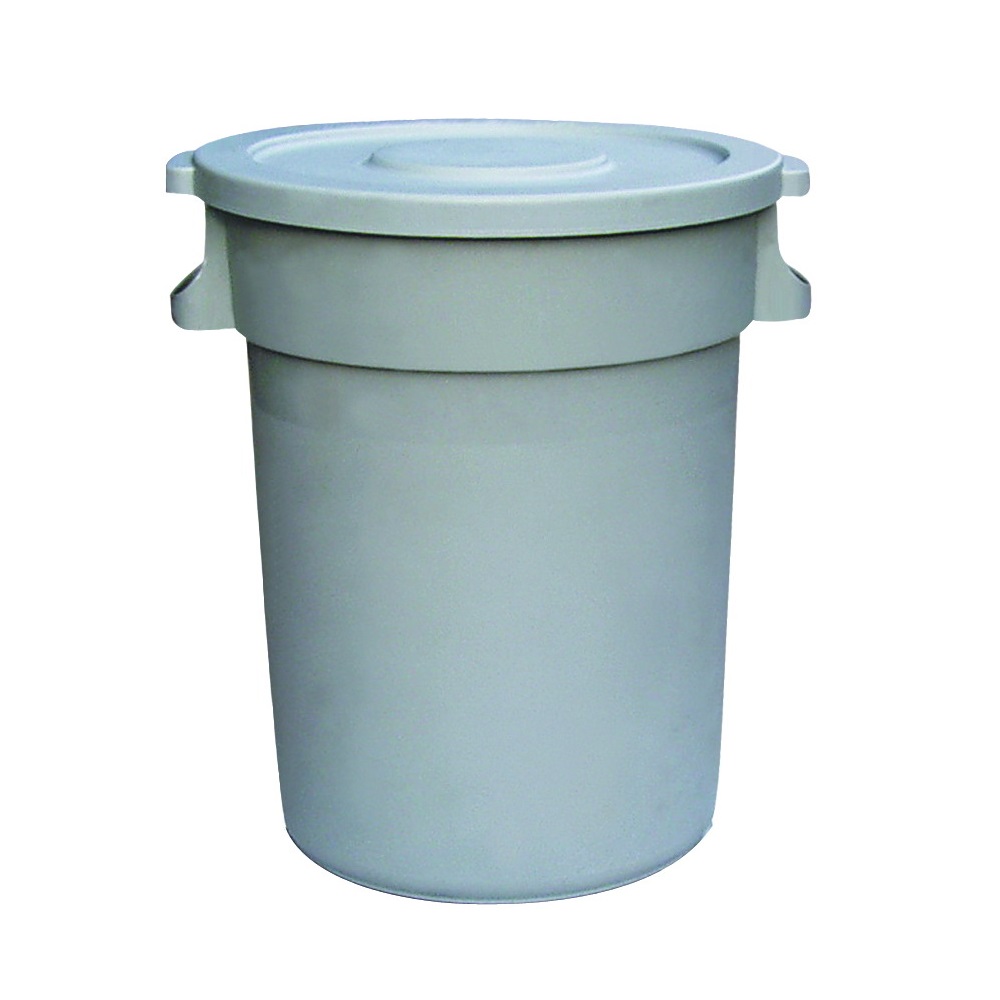Circular 32-gallon garbage can with dome lid, heavy-duty plastic construction