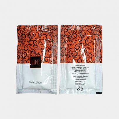 Individually sealed hotel lotion packets – travel-size moisturizer for hotel and motel guest rooms.