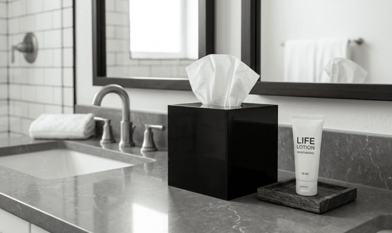 Modern Guest Amenities: A close-up of a bathroom vanity featuring a sleek black acrylic tissue box holder and a neatly placed lotion tube. This highlights the aesthetic value of small details.