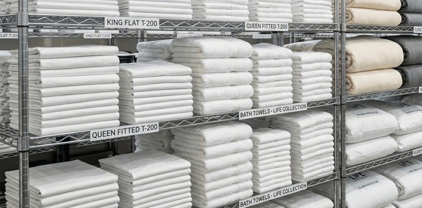 A bright, clean storage room with perfectly folded white towels and sheets stacked on wire shelving.