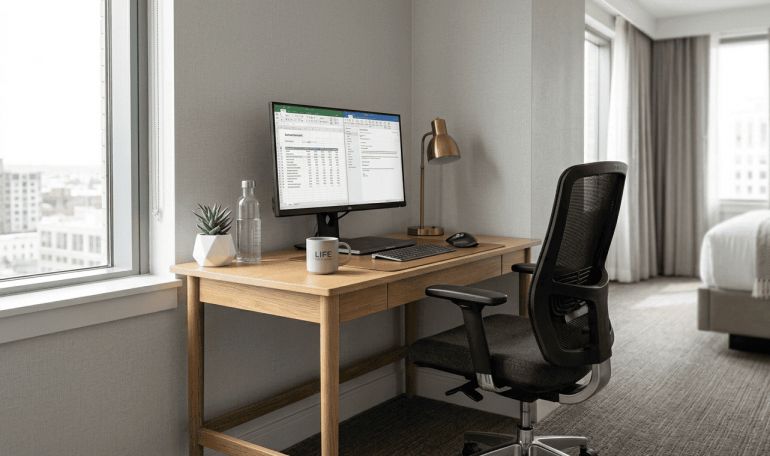 The Professional Workspace: A guest room corner featuring a clean office table and an ergonomic mesh-back chair. This appeals to the "work-from-hotel" demographic.
