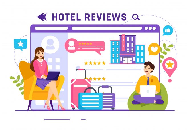 A colorful, modern 2D illustration featuring people using laptops to view and write hotel reviews.