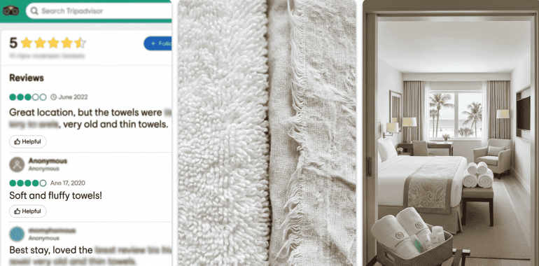 Comparison shows worn-out towels, reviews, and inviting hotel room.