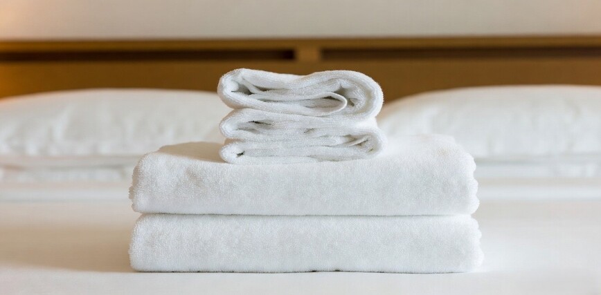 Close-up of a luxurious, fluffy white hotel towel stack on a made bed with soft lighting — conveys premium feel.