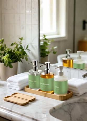 Three elegant refillable pump bottles labeled "shampoo", "conditioner", and "lotion" sit arranged inside a small bamboo tray