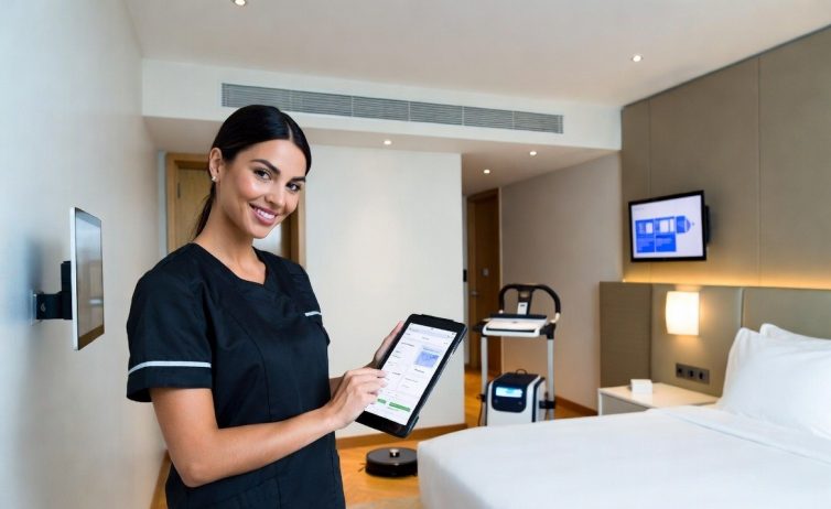 This image highlights modern hospitality management, featuring a staff member holding an operational tablet.